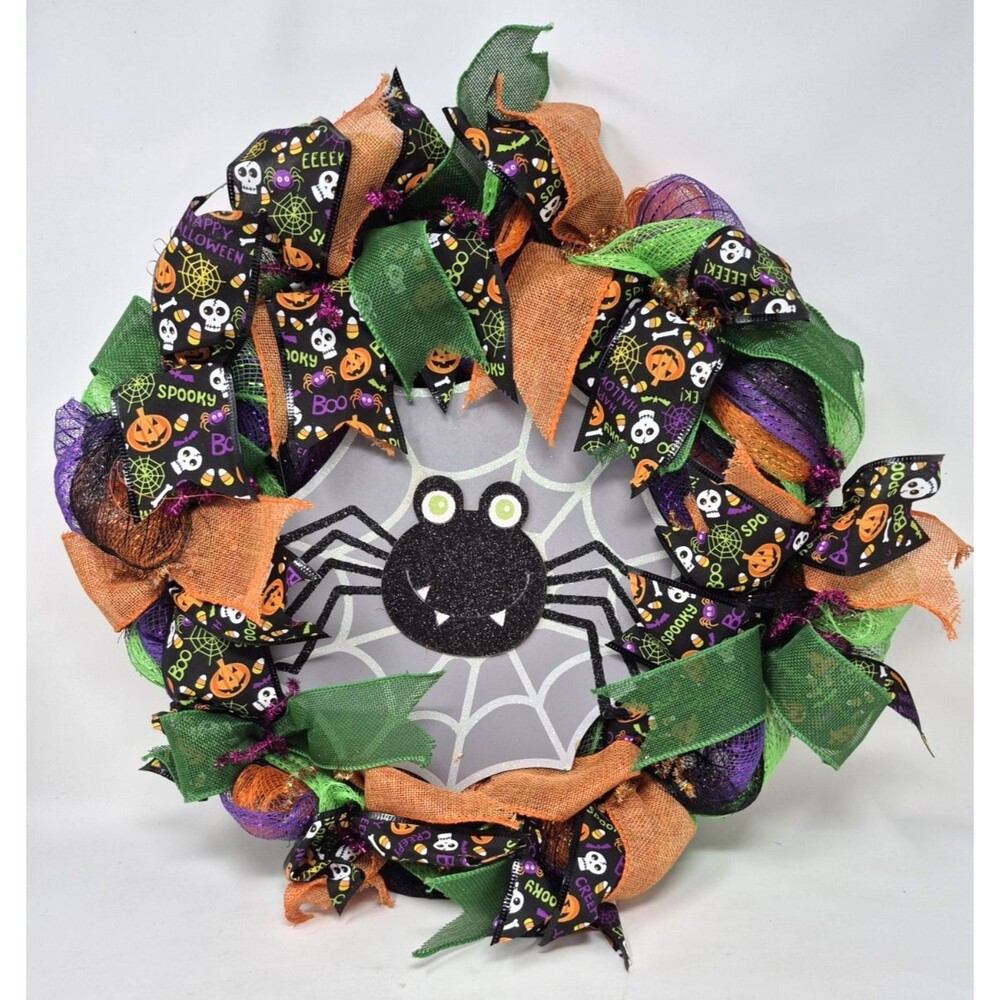 Halloween Wreath Decoration Large Deco Mesh Smiling Spider Front Door Decoration